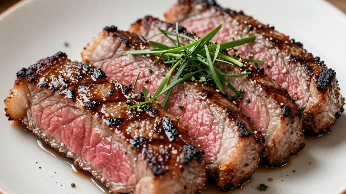 Umami bomb steak with Japanese glaze on grill