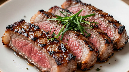 Umami bomb steak with Japanese glaze on grill