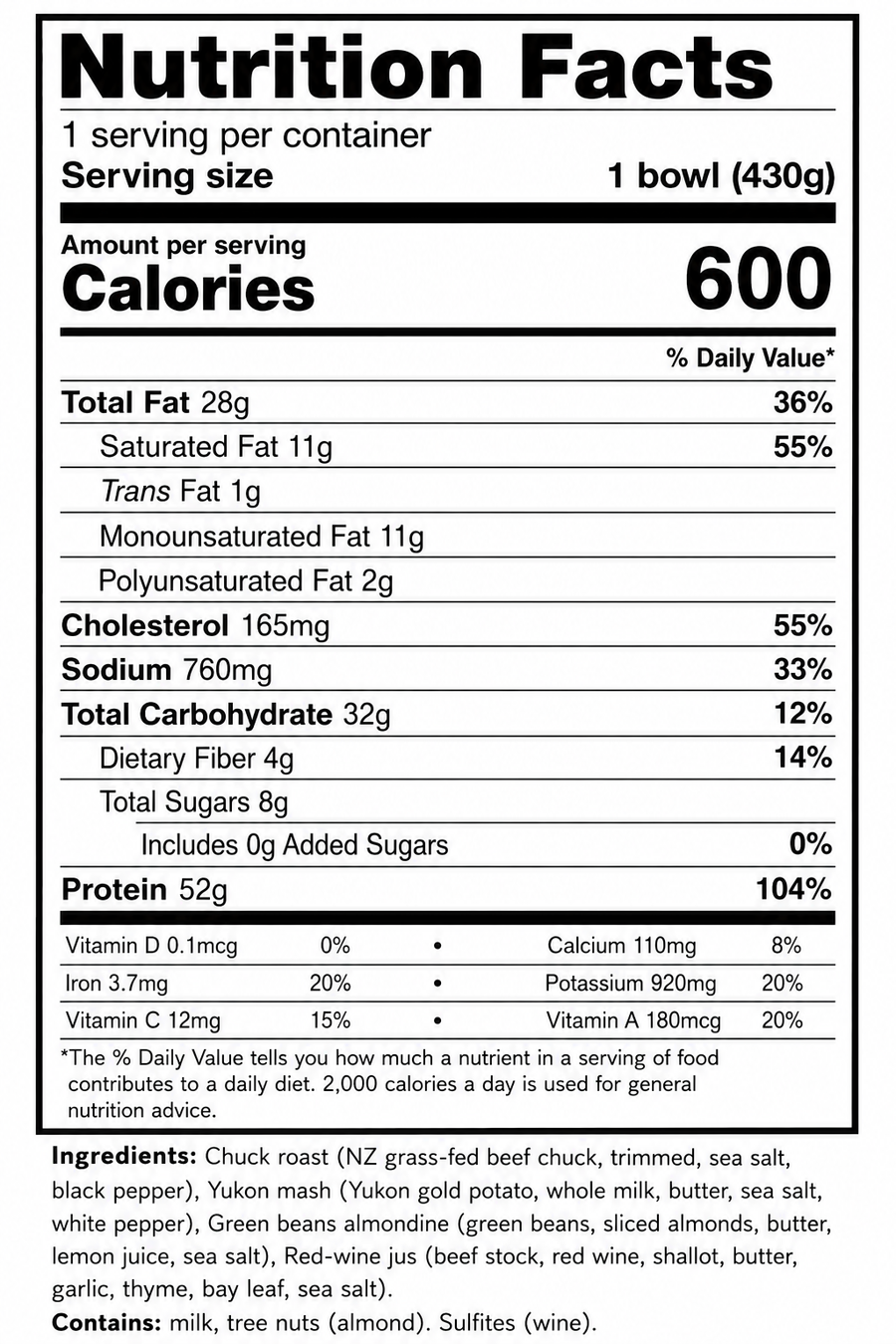 Nutrition facts for Sunday Roast