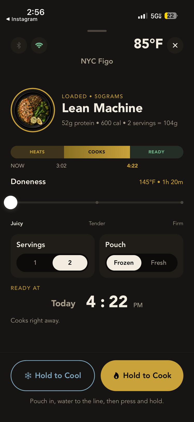50grams app: Ready at cook screen