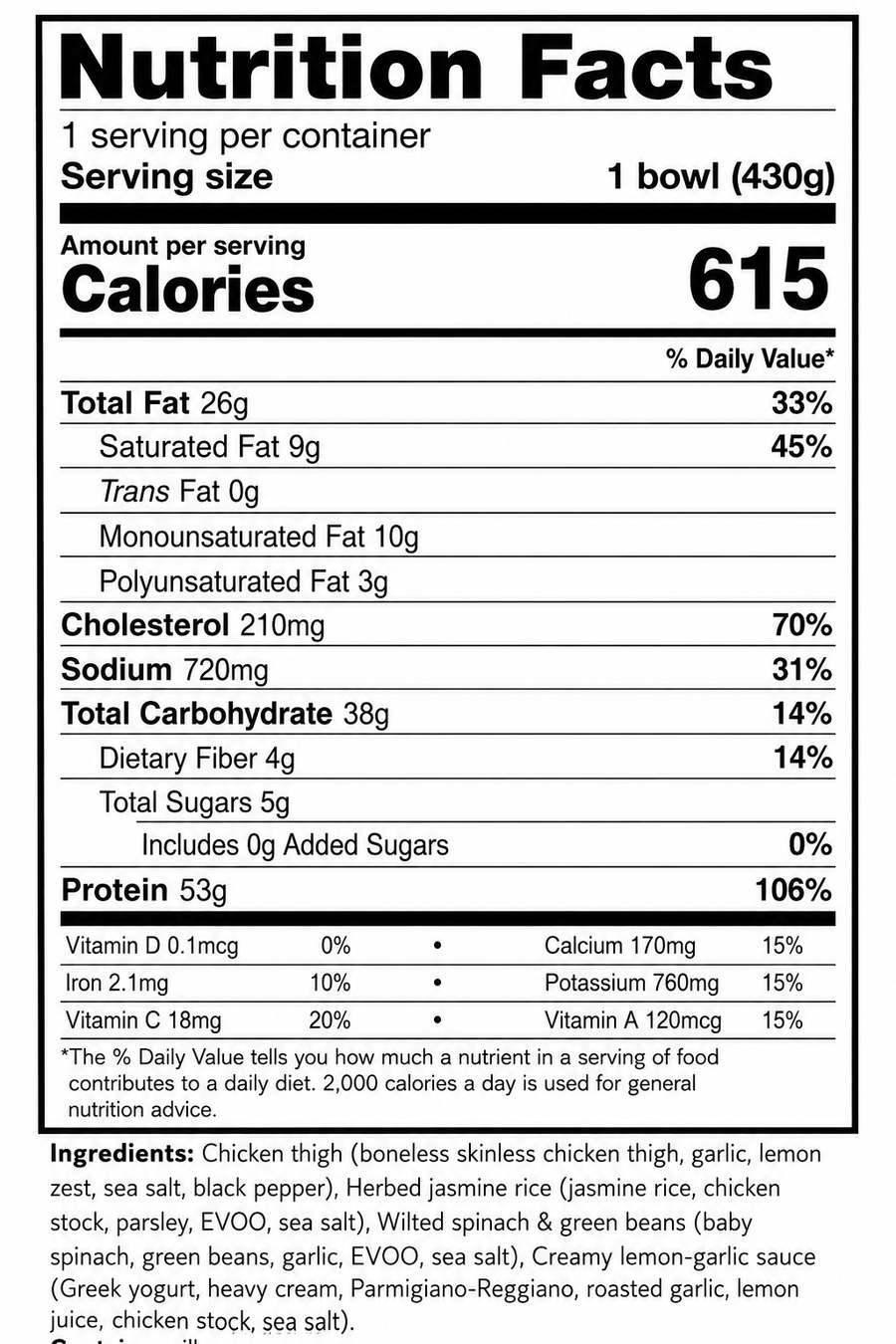 Nutrition facts for The Lean Machine